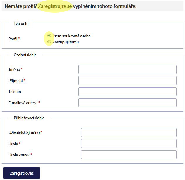 formulář registrace